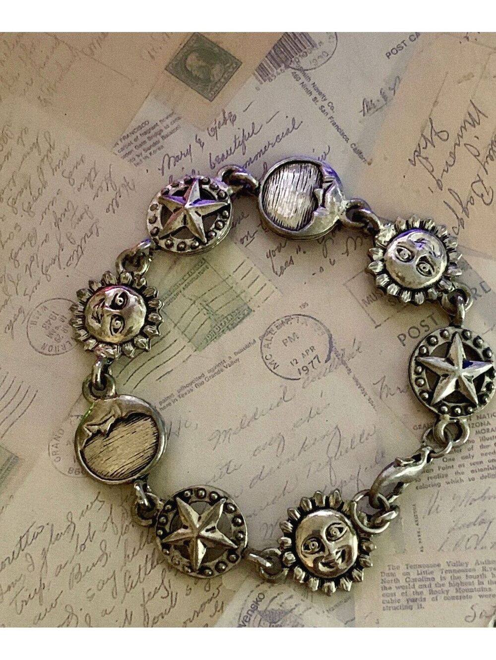 Vintage Celestial Charm Bracelet with Sun, Moon & Star Motifs - Silver Tone
